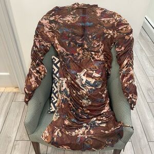 Fashion Nova Brown Floral Ruched Long Sleeve Dress